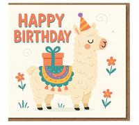 Colourful Llama Birthday Card - Cute Llama with Present and Party Hat - Happy Birthday Design - Fun Cartoon Animal Greeting Card - Blank Inside - For Kids or Adults