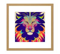 Colourful Multicoloured Modern Lion Face Mane Portrait Illustration Square Wooden Framed Wall Art Print Picture 8X8 Inch Artery8 Light Oak One Size