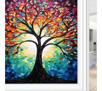 Colourful Natural Tree Window Film Decorative Rustic Abstract Plants Stained Glass Window Film Sun Blocking Heat Control No Glue Window Covering Film for Home Office 70 x 100 cm