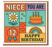 Colourful Niece 12th Birthday Card - Retro Blocks 'You Are 12' with Cake, Daisy, Hearts and Rainbow - Happy Birthday Card for Niece Age Twelve