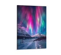Colourful Northern Lights Canvas Wall Art, Natural Sky Forest Snowy Mountain Painting Print on Textured Canvas, Wall Poster Artwork for Living Room Bedroom Office Decor Frame 08x12inch(20x30cm)