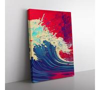 Colourful Ocean Wave No.2 Abstract Blue, Red, Gold Canvas Wall Art Print Ready to Hang, Framed Picture for Living Room Bedroom Home Office Décor, 76x50 cm (30x20 Inch)