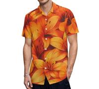 Colourful Orange Tiger Lily Floral Men's Button Down Shirt Casual Short Sleeve Shirts Beach Summer Shirt with Pocket