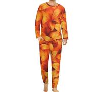 Colourful Orange Tiger Lily Floral Men's Pajama Suit Cozy Sleepwear Long Sleeve Top & Bottom Pant PJ Set Nightwear