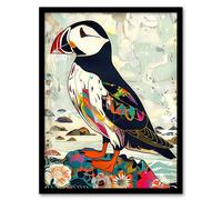 Colourful Patterned Puffin Artwork Mosaic Floral Framed Art Print Artery8 Multi W12 inch x H16 inch