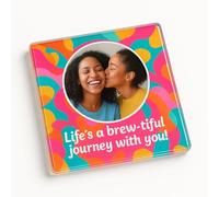 Colourful Personalised Photo Acrylic Coaster Gift - Brewtiful Mosaic Design with Photo Frame for Friends, Fun and Feminine Home Decor