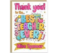 Colourful Personalised Thank You Best Teacher Cards - The Best Teacher Ever Apple Pencil Rainbow Designs Custom Add Name On Banner A5 A4 For Teachers Teaching Assistant Headteacher, Design 7