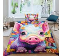 Colourful Pig 3D Printed Comforter Cover Set Cartoon Animals Duvet Cover Bedding Set for Kids Teens Boys Room Decor Microfiber Quilt Cover 3 Pcs with Pillow Case Hidden Zipper Single（135x200cm）
