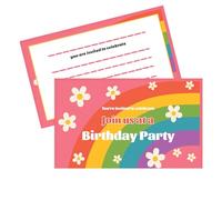 Colourful Rainbow and White Daisies Birthday Party Invitation Cards - Fill-in-the-Blank Personalised Details for Kids Parties and Family Celebrations, Ideal for Manual Completion with Playful Fonts