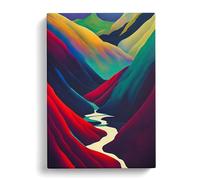 Colourful River Landscape No.2 Blue, Red, Peach Canvas Print | Gallery Wrapped 30mm Frame Wall Art | 30x20 inches | Ready to Hang | Contemporary Landscape Picture | Living Room Bedroom Lounge Office