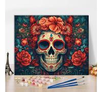 Colourful Skull Adorned with Flowers Paint by Number Traditional Mexican Festivals Paint by Numbers Kit for Adults with Brushes and Pigment for Home Wall Decoration, 16x20 Inch