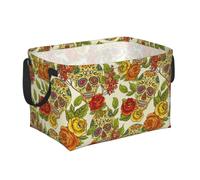 Colourful Skull Diamond Flowers Foldable Rectangular Storage Basket | Open-Top Design With Two Handles And A Flexible Plastic Rim.