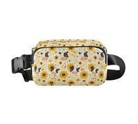 Colourful Small Liberty Blooming Water Resistant Fanny Pack Waist Bag with Adjustable Strap for Cycling Hiking Gym, Black White Cow Print Sunflowers, One Size