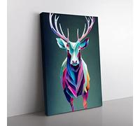 Colourful Stag Geometric Abstract Canvas Wall Art Print Ready to Hang, Framed Picture for Living Room Bedroom Home Office Décor, 50x35 cm (20x14 Inch)