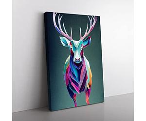 Colourful Stag Geometric Abstract Canvas Wall Art Print Ready to Hang, Framed Picture for Living Room Bedroom Home Office Décor, 50x35 cm (20x14 Inch)