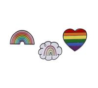 Colourful Striped Themed Gift Set Collection Of 3 Pin Badges Including A Rainbow Cloud, Rainbow And A Colourful Striped Pride Heart