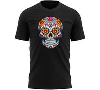 Colourful Sugar Candy Skull Face T Shirt for Men Halloween Retro Spooky Autumn Tee Top, XL, Black