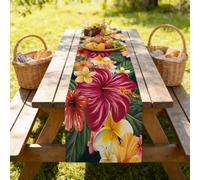 Colourful Table Runner with Green Vegetation Leaves, Purple and Red Hibiscus Flowers Printed, Washable Linen Kitchen Dining Table Decoration for Indoor, Outdoor, Holiday, Party, Living Room Decor, 33