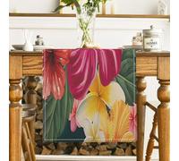 Colourful Table Runner with Green Vegetation Leaves, Purple and Red Hibiscus Flowers Printed, Washable Linen Kitchen Dining Table Decoration for Indoor, Outdoor, Holiday, Party, Living Room Decor, 33