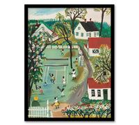 Colourful Tennis Game Houses and Trees Painting Framed Art Print Artery8 Green A4