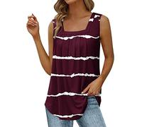 Colourful Tops for Women Premium Blouse Women Gifts for Women Joggers Summer Vest Loose Pleated Square Neck Sleeveless Top Curved Hem Loose Large Size Women's Top Womens Clothes Sale Clearance