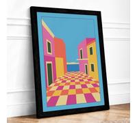 Colourful Urban Plaza Modern Framed Wall Art Print A1 (84.1×59.4cm) Black, Wall Decor for Living Room, Bedroom, Office & Home, Ready to Hang, Art Gift