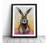 Colourful Watercolour Hare Framed Wall Art Print A3 Black
