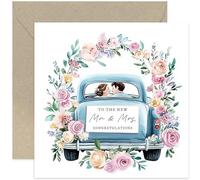 Colourful Wedding Day Card for Couple - Bride and Groom, Husband and Wife, Mr and Mrs - Beautiful Modern Congratulations Gifts for Him and Her - Blue Wedding Car with Floral Wreath - Blank Inside