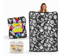 Colouring Blanket for Adults, Colour Your Own Throw Blanket with 24 Colour Markers, Creative DIY Soft Plush Velvet Colouring Fleece for Mindful Relaxation and Home Decor, 156 x 125 cm (White_A)