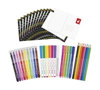 Janod - 42-piece Colouring Set - 12 Colouring Cards, 10 Felt-Tip Pens, 5 Glitter Pens, 7 Magic Pens, 8 Coloured Pencils Reusable Box - Ages 3+ - J07419