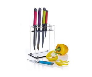 Colourworks 5-Piece Coloured Stainless Steel Knife Set and Acrylic Knife Block - 'Brights' Colours, 19 x 12 x 37 cm