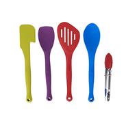 Colourworks 5-Piece Silicone Cooking Utensils Set, Spoon, Spatula, Spoon Spatula, Tongs & Slotted Fish Slice, Kitchen Cooking & Baking Tools, Bright Multi-Coloured & BPA Free, Non Scratch Accessories