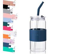 ColoVie Glass Tumbler with 3 IN 1 Lids and Glass Straws(Extra Silicone Tips), Silicone Protective Sleeve, Iced Coffee Cup, Travel Water Bottle, Soda Beer Can Shaped Cups, Hot Tea-Abyss Blue 16oz 1pc