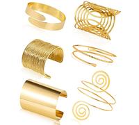 COLOYAN 6Pcs Gold Arm Cuff Set - Adjustable Minimalist Simple Coil Bangle Wide Wire Grooved Cuff Open Arm Band Bracelets for Women, 3.15in, Metal, No Gemstone