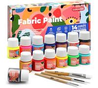 colozoo Textile Paint Washing Machine Resistant 14 x 20 ml | Fabric Paints Set in old, Silver & 2 Neon Colours & 3 Brushes | For Dark and Light Fabrics