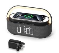 COLSUR Bluetooth Speaker with Radio, 15W Fast Wireless Charger, FM Radio, Bedside Night Light for Heavy Sleepers, Snooze, Dimmable LED Display, 2500mAh Battery USB Charging Port