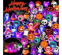 BUDI 50Pc Halloween Party Favors LED Flash Rings for Kids and Adults Halloween Treats Non Candy Gift Bag Fillers Great Assortment of 50