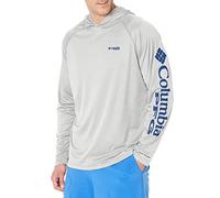 Columbia Men's PFG Terminal Tackle Heather Hoodie,Cool Grey Heather, Vivid Blue Logo,Medium
