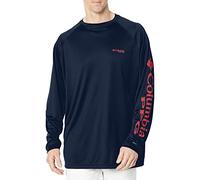 Columbia Men's Terminal Tackle Long Sleeve Fishing Shirt, Collegiate Navy/Sunset Red Logo, Medium