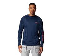 Columbia Men's Terminal Tackle Long Sleeve Fishing Shirt, Collegiate Navy/Sunset Red Logo, S