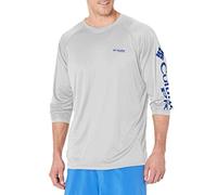 Columbia Men's Terminal Tackle Long Sleeve Fishing Shirt, Cool Grey/Vivid Blue Logo, 3X Tall