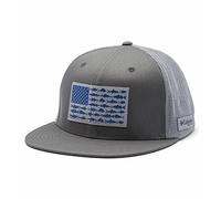 Columbia PFG Mesh Flat Brim Ball Cap, Titanium, Fish Flag, L-XL