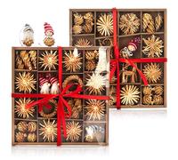 COM-FOUR® 112-piece straw star set - stars, bells, fir trees, and traditional figures as Christmas tree decorations - small straw pendants - natural Christmas tree hangings