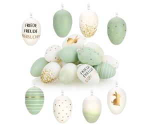 com-four® 16x Easter eggs to hang up - subtle hanging decoration made of plastic in great colors - Easter decoration for the Easter bouquet with a motif (16 pieces - white/green/gold-colored)