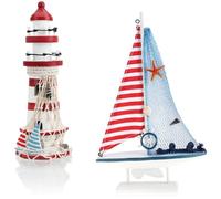 com-four® 2-piece maritime decoration set - Decorative wooden sailing ship and lighthouse for a maritime ambience in your home