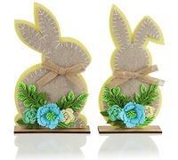 com-four® 2x decorative display Easter bunny with flowers - Easter decoration to put down - Easter decoration made of felt with a wooden base (2 pieces - colorful 25cm)