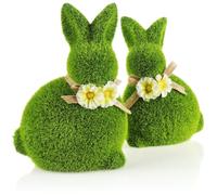com-four® 2x decorative figure - Easter bunny with bow and flowers - ceramic rabbit figure for spring and Easter - pair of rabbits covered with artificial grass - Easter decoration (2 x bunny 20 cm)