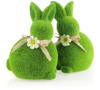 com-four® 2x decorative figure - Easter bunny with bow and flowers - ceramic rabbit figure for spring - pair of rabbits covered with artificial grass - Easter decoration (02 x Bunny-20 cm)