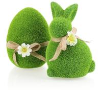 com-four® 2x decorative figures bunny and egg with bow and flowers, green ceramic ornaments with artificial grass for spring and Easter (2x Rabbit/Egg 17/15cm)