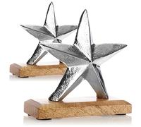 COM-FOUR® 2x premium decorative stand star - star statue made of nickel-plated aluminum on a base made of mango wood - decorative star to stand - great star decoration (silver-colored - massive stars)
